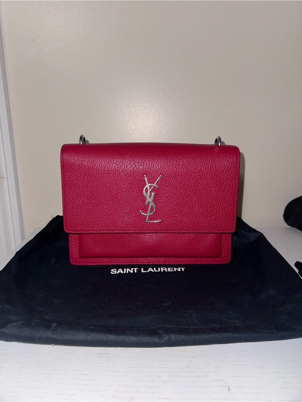 Saint Laurent Fuchsia Leather Crossbody with Silver YSL Logo